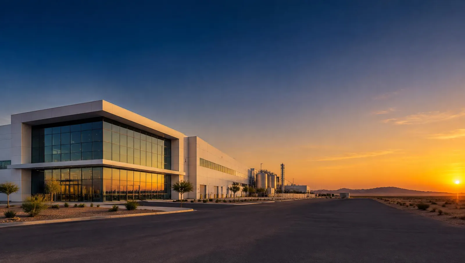 Modern manufacturing facility at dusk
